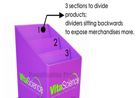 Purple Cardboard Display Bins 3 Sections Glossy Lamination With Pp Film